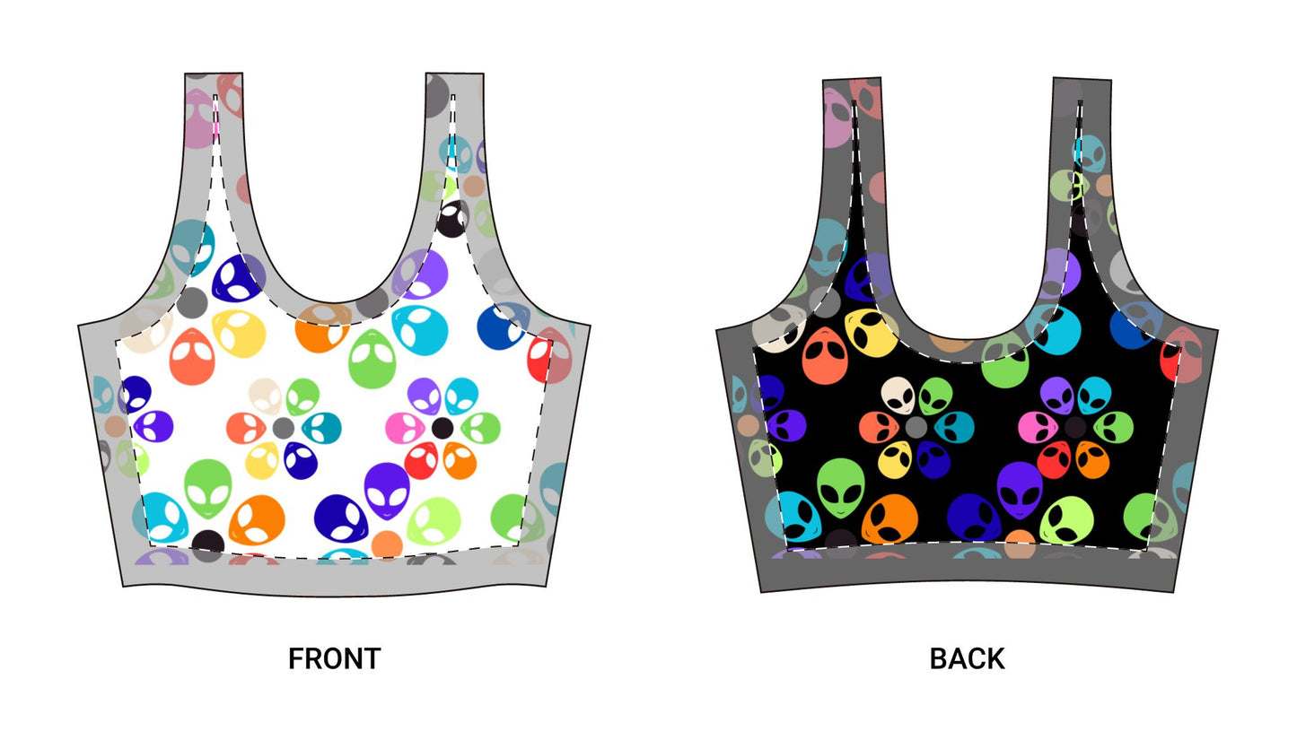 Colorful Alien Print Sports Bra – Workout Essentials Fitness Gear Gym Apparel Unique Activewear Fun Exercise Top Alien Rainbow Flowers Light Pink