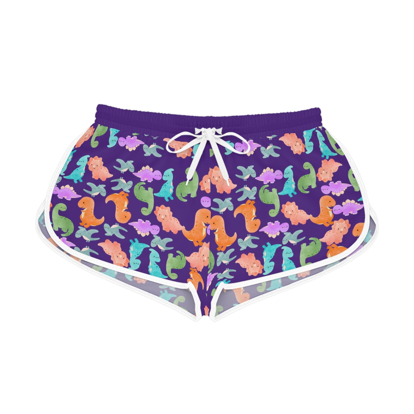 Colorful Dino Print Womens Relaxed Shorts Perfect for Summer Beachwear Loungewear Gift for Her Casual Style Rainbow Dinos Purple