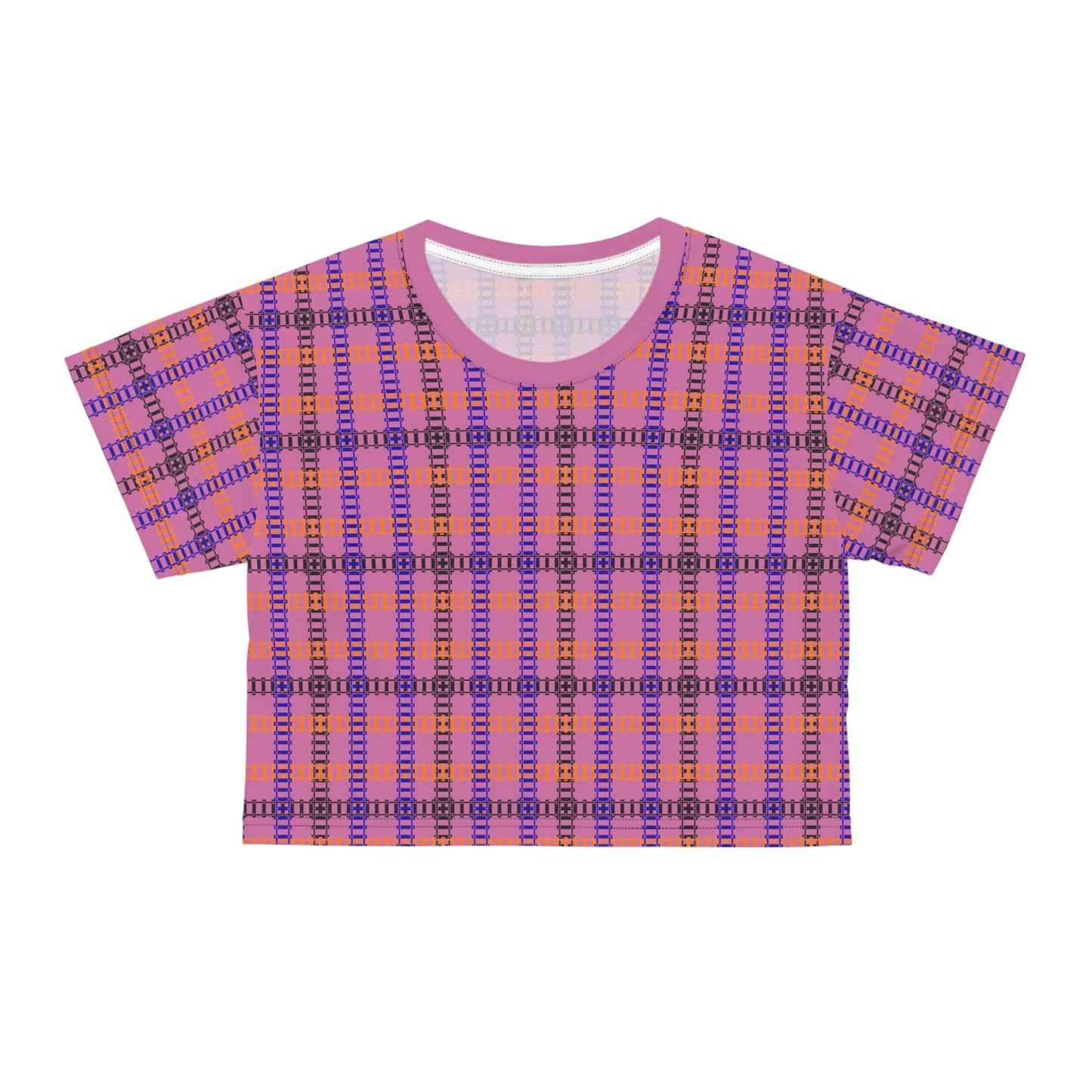 Trendy Patterned Crop Tee Casual Summer Top Gift for Her Festival Wear Stylish Weekend Outfits Train Tracks Light Pink