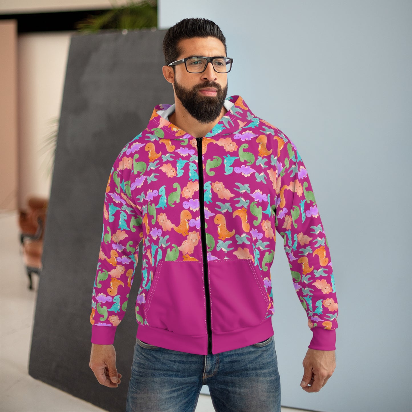 Colorful Dino Unisex Zip Hoodie OceanInspired Hooded Sweatshirt Beach Trip Hoodie Perfect Gift for Marine Life Lovers Rainbow Dinos Pink
