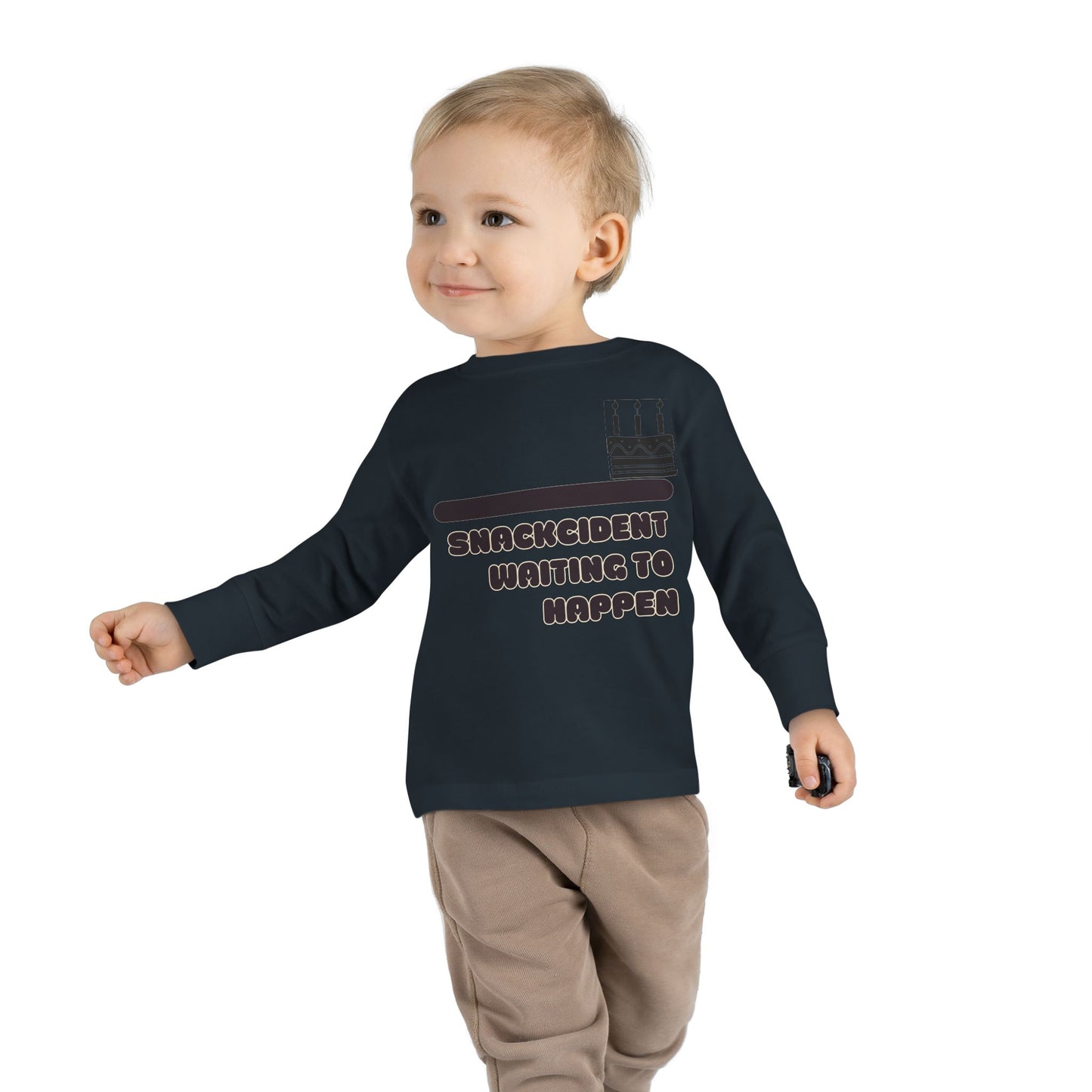 Snackcident Waiting to Happen Toddler Long Sleeve Tee | Cute Kids Shirt | Fun Gift for Birthdays, Playdates, Parties, Food Lovers