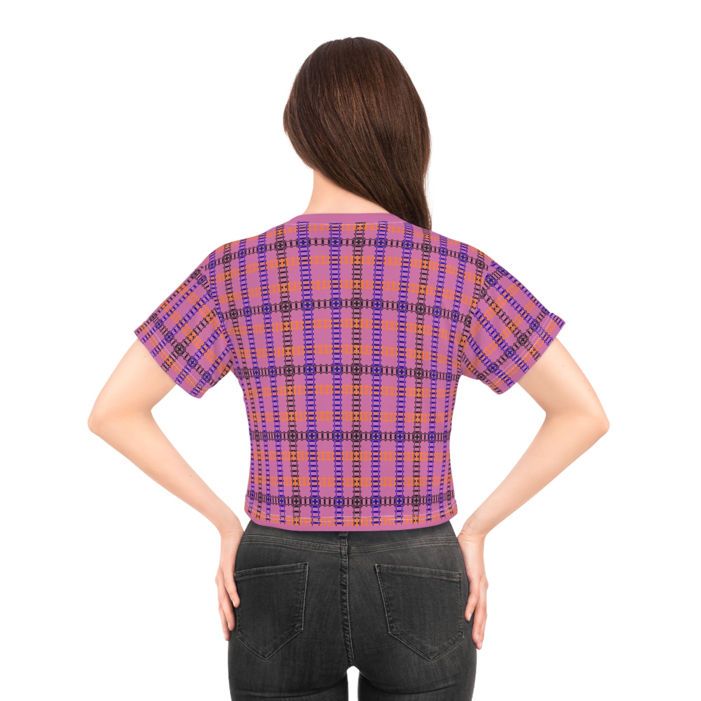 Trendy Patterned Crop Tee Casual Summer Top Gift for Her Festival Wear Stylish Weekend Outfits Train Tracks Light Pink
