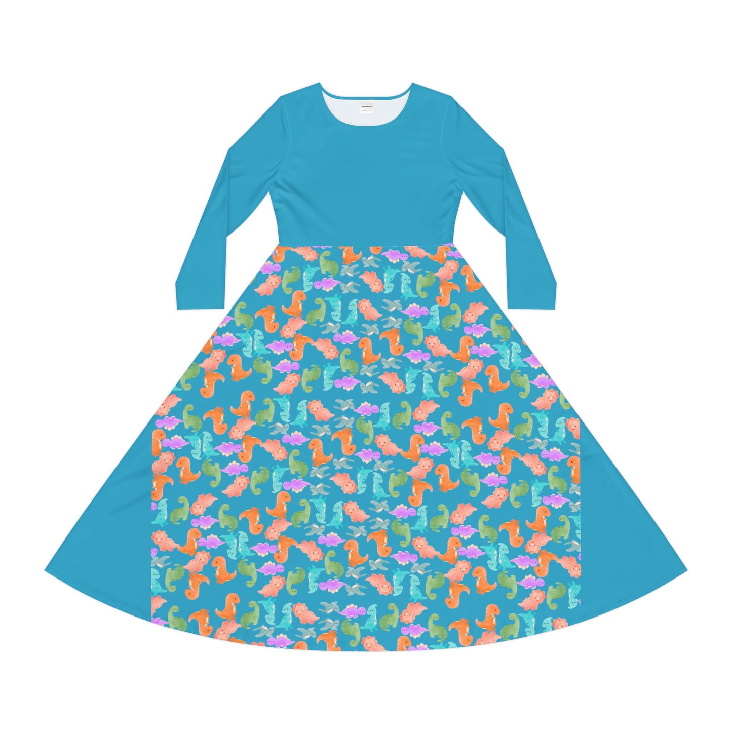 Colorful Long Sleeve Dance Dress Perfect for Parties Dance Events Spring Celebrations Playful Kids Dress Trendy Casual Wear Rainbow Dinos Turquoise