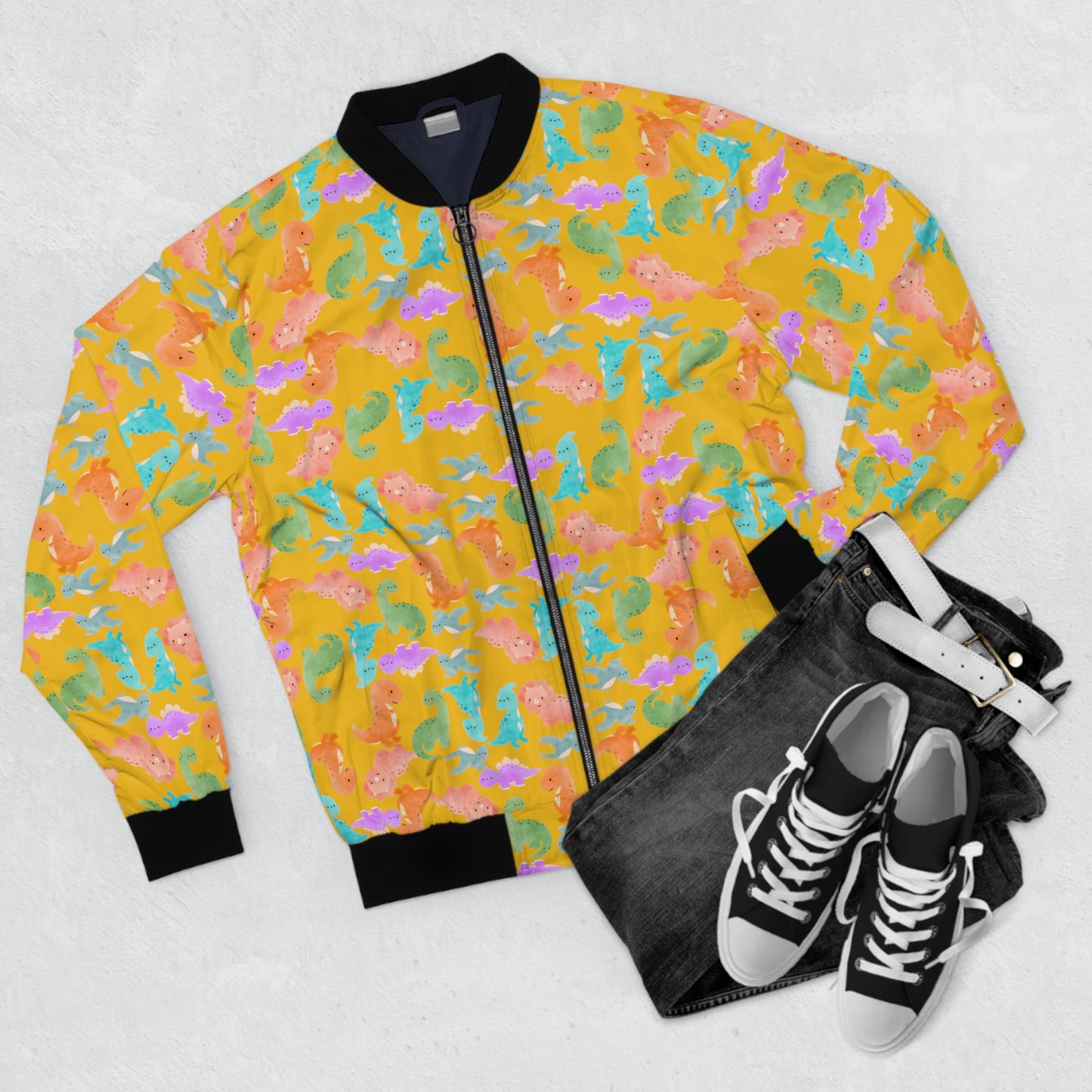 Colorful Dinosaur Mens Bomber Jacket Trendy Outerwear for Casual Outings Unique Gift for Dinosaur Lovers Festival Style Rainbow Dinos Yellow