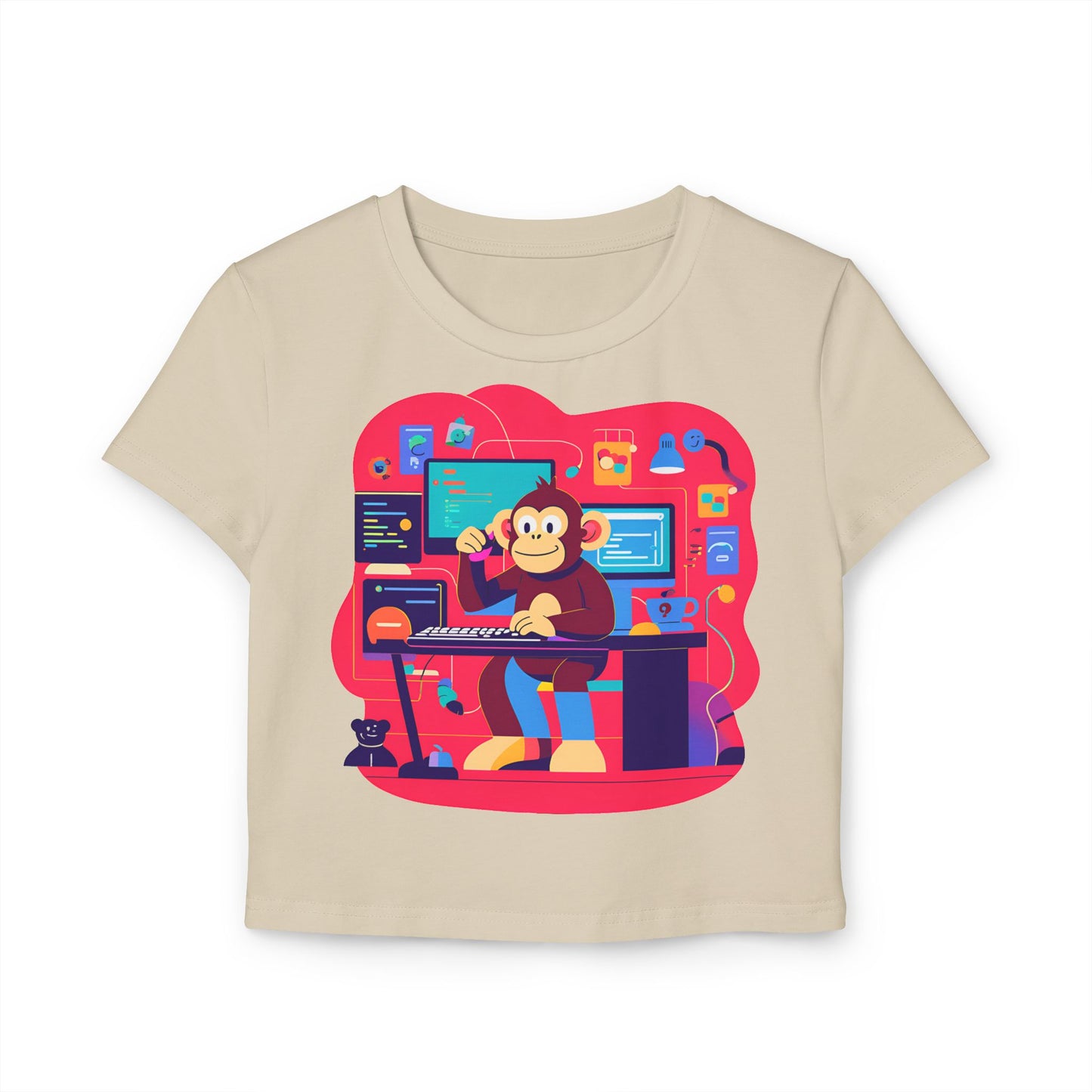 Playful Monkey Graphic Baby Tee for Women, Funny Casual T-Shirt, Gift for Gamers, Cute Animal Shirt, Summer Fashion, Birthday Present