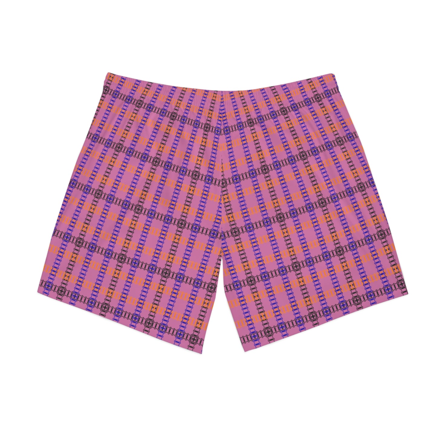 Mens Elastic Beach Shorts Vibrant Plaid Print Casual Swimwear Summer Essentials Vacation Attire Poolside Fashion Beach Day Train Tracks Light Pink