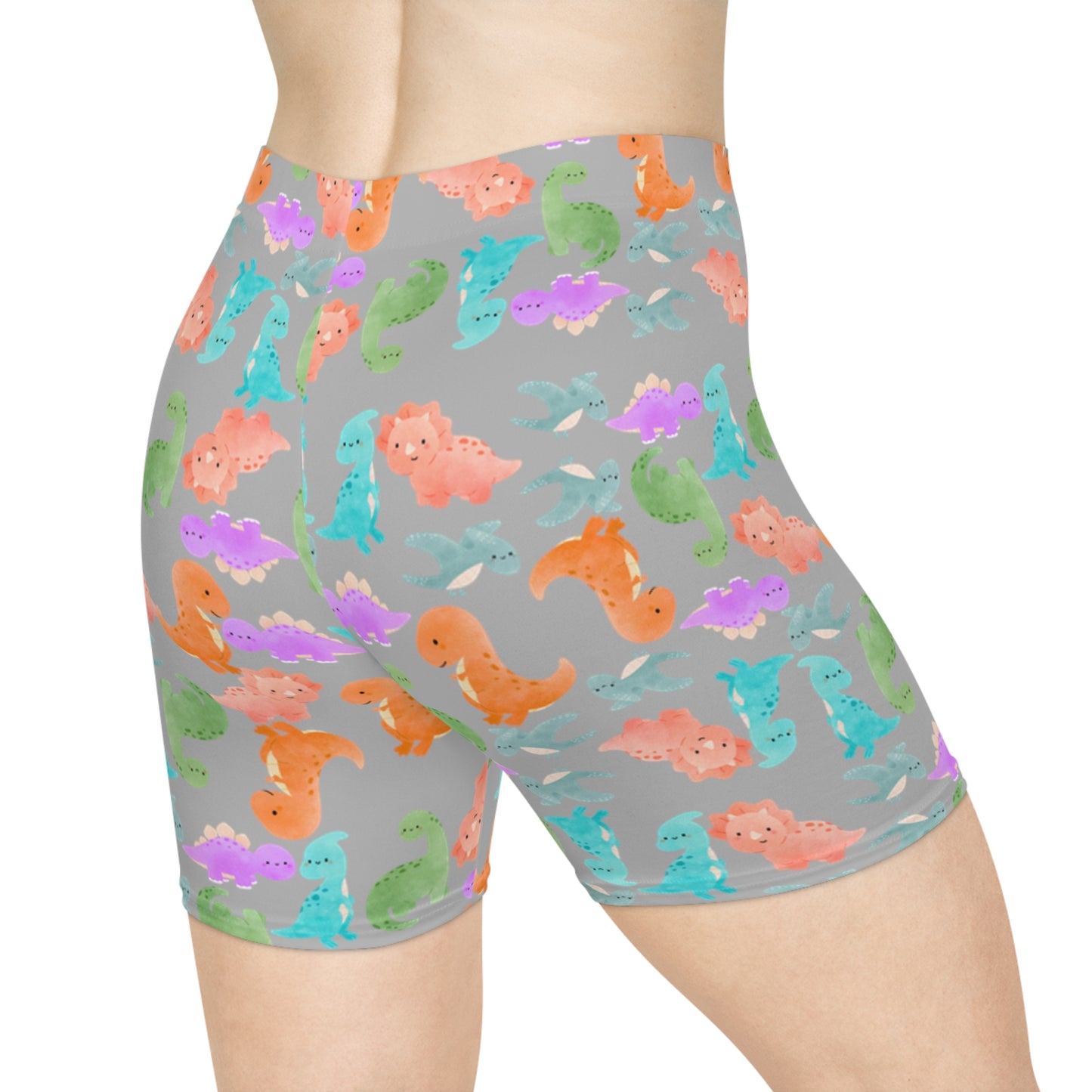 Colorful Dinosaur Womens Biker Shorts AOP Perfect for Casual Wear workout Summer Birthdays Playdates Unique Gift Rainbow Dinos Light Grey