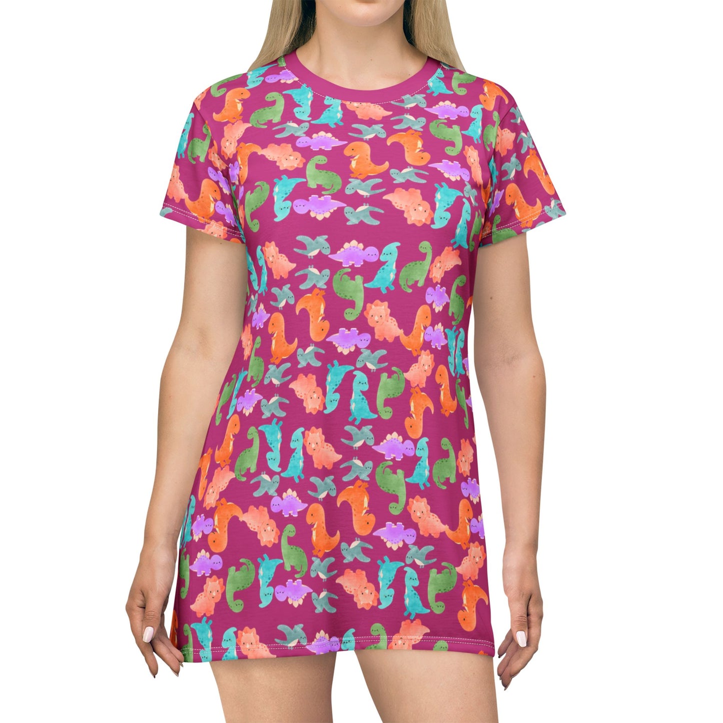 Colorful Dino TShirt Dress Beachwear Summer Dress Casual Outfit Gift for Her Sea Life Fashion Rainbow Dinos Pink