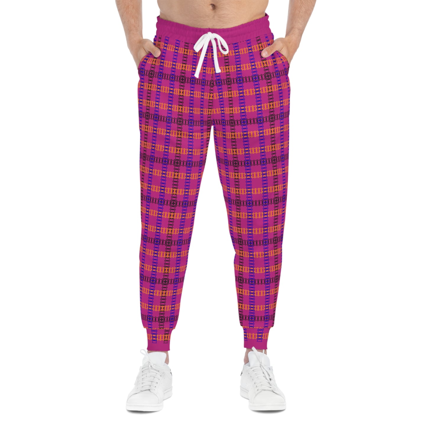 Colorful Plaid Athletic Joggers Comfortable Gym Pants Unisex Loungewear Casual Streetwear Fall Fashion Essentials Activewear Gift Train Tracks Pink