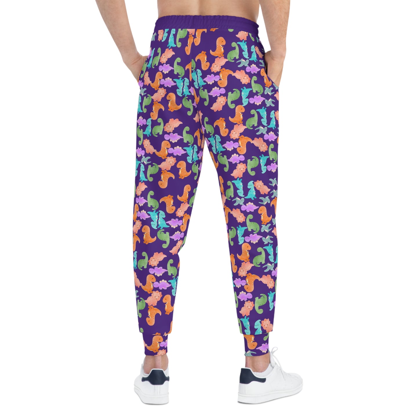 Colorful Dinosaur Print Joggers Fun and Comfortable Athletic Pants Perfect for Kids and Adults Loungewear Gift for Holidays Rainbow Dinos Purple