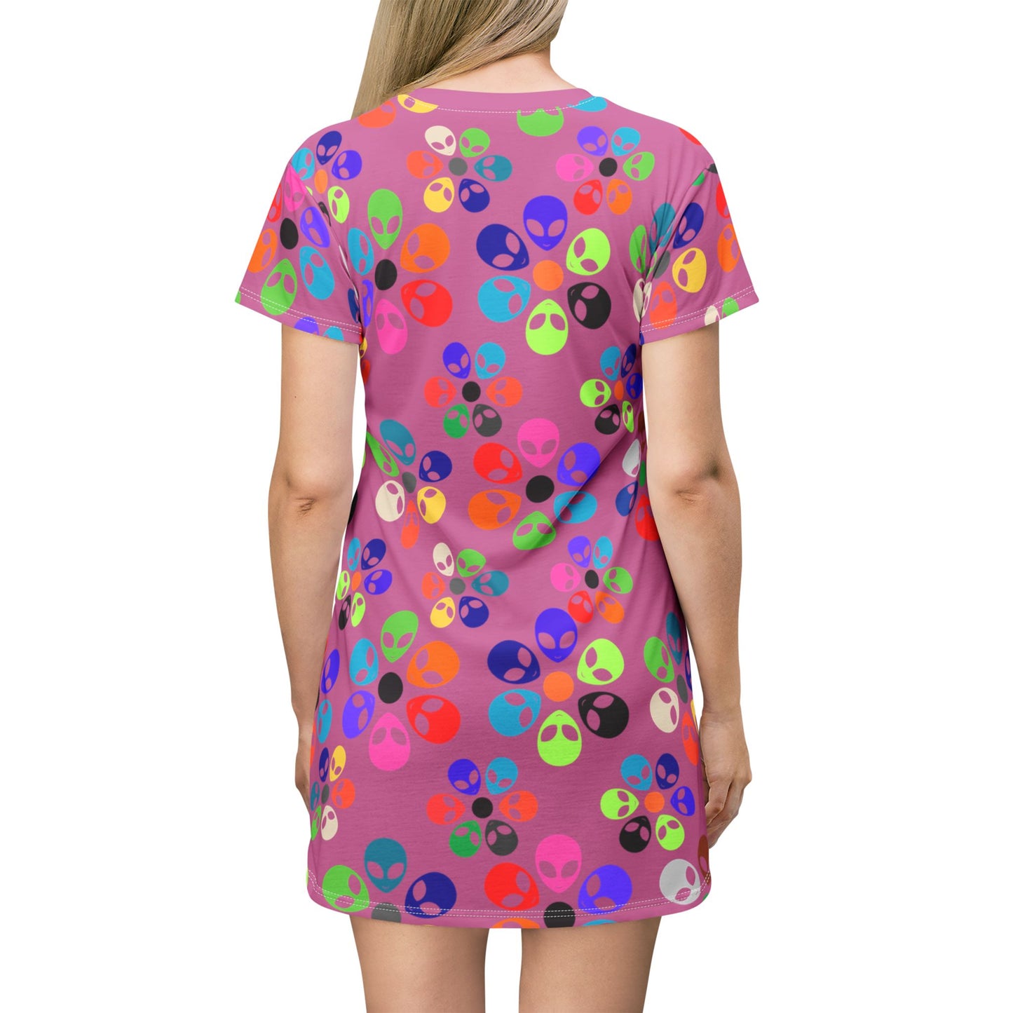 Colorful Alien TShirt Dress | Fun Casual Wear Summer Dress Festival Outfit Gift for UFO Lovers Unique Print Alien Rainbow Flowers Light Pink