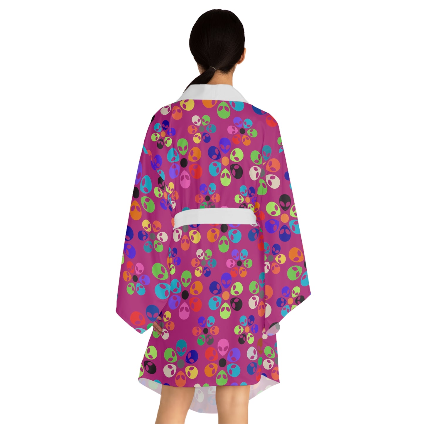 Colorful Floral Long Sleeve Kimono Robe Boho Fashion Relaxed Loungewear Perfect for Home Spa Days or Festivals Alien Rainbow Flowers Pink