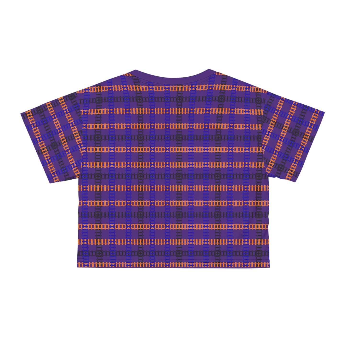 Trendy Patterned Crop Tee Casual Summer Top Gift for Her Festival Wear Stylish Weekend Outfits Train Tracks Purple