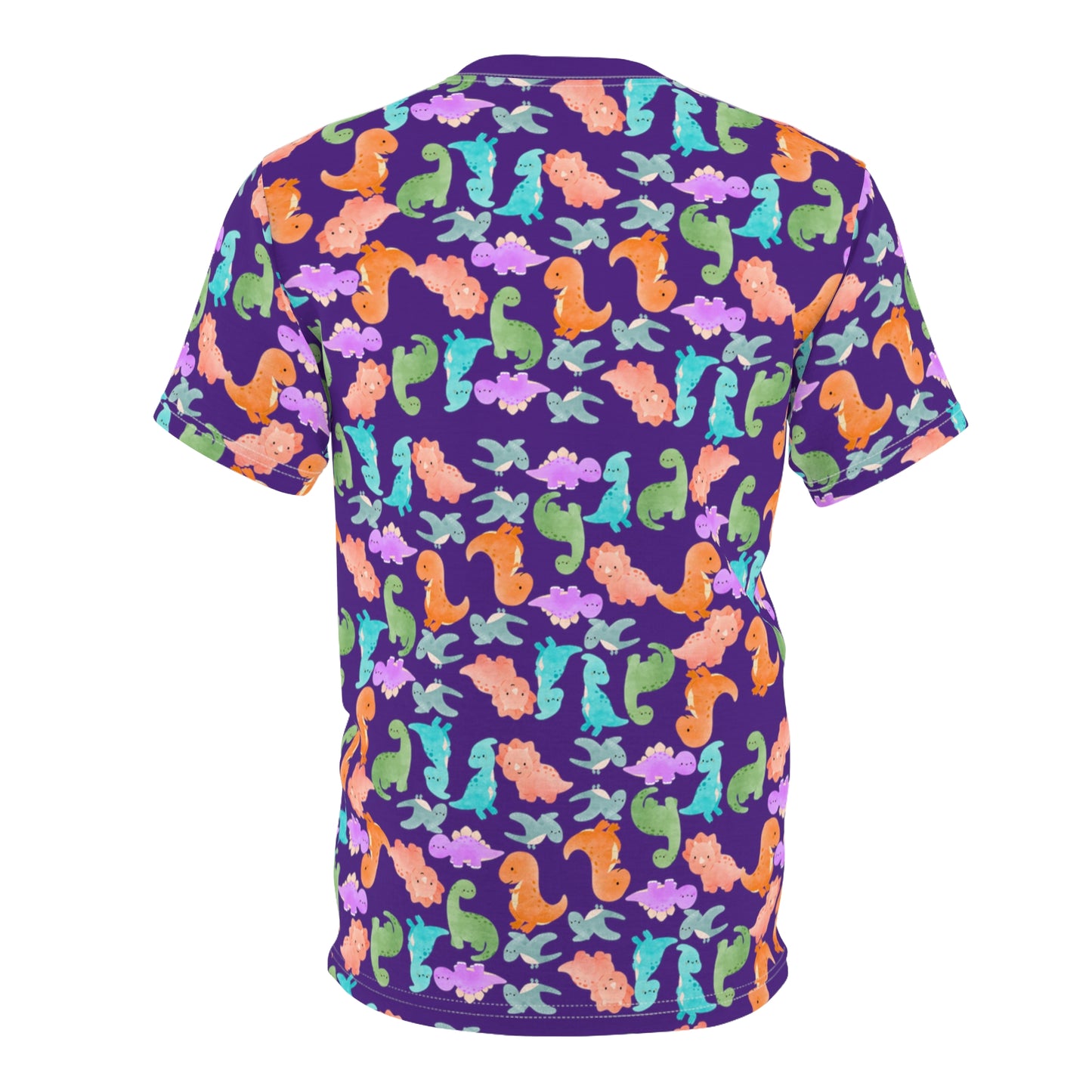 Vibrant Dino Pattern Tee for Ocean Lovers Perfect for Summer Casual Wear Gift for Beach Lovers Tropical Vibe Clothing Rainbow Dinos Purple