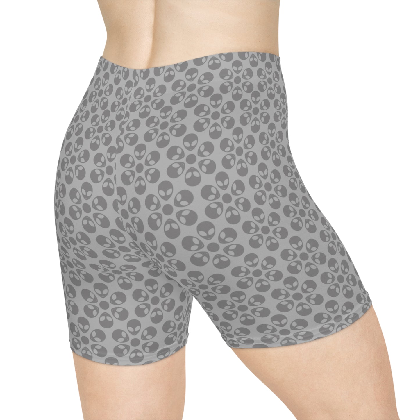 Womens Alien Pattern Biker Shorts Trendy Activewear Casual Cycling Shorts Festival Outfit Summer Essentials Alien Flowers Light Grey