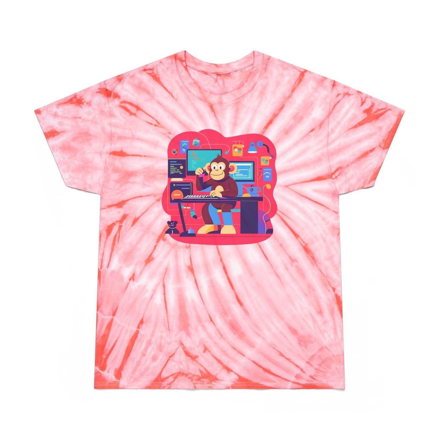 Cheerful Tie-Dye Tee, Cyclone Monkey Graphic, Casual Summer Shirt, Fun Gift for Gamers, Bright Festival Wear, Artistic Streetwear