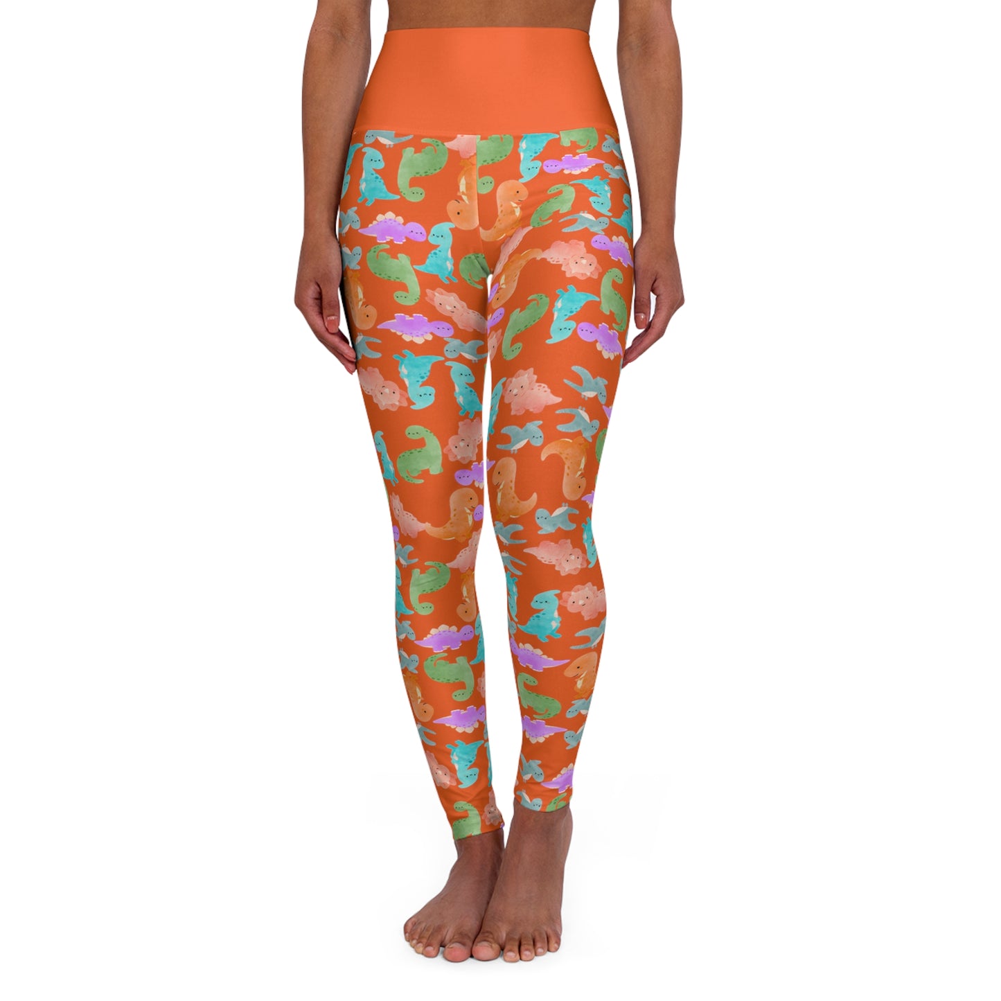 Whimsical Dinosaur Print Yoga Leggings High Waisted Fitness Leggings Party Wear Cute Workout Pants Trendy Sports Leggings Gifts for Her Rainbow Dinos Orange