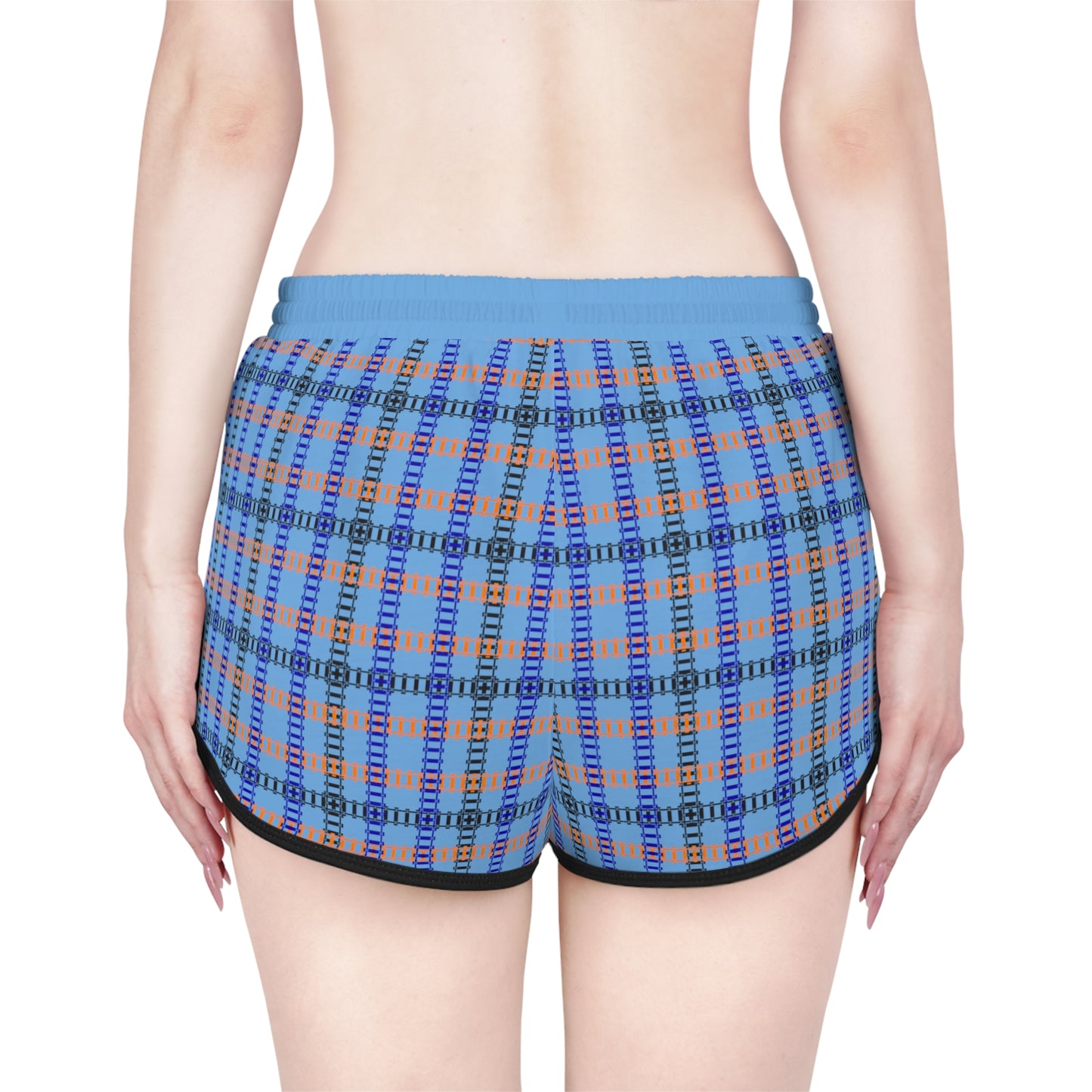 Cozy Casual Womens Shorts Perfect for Summer Days Lounging Beach or Sleepwear AOP Plaid Design Train Tracks Light Blue