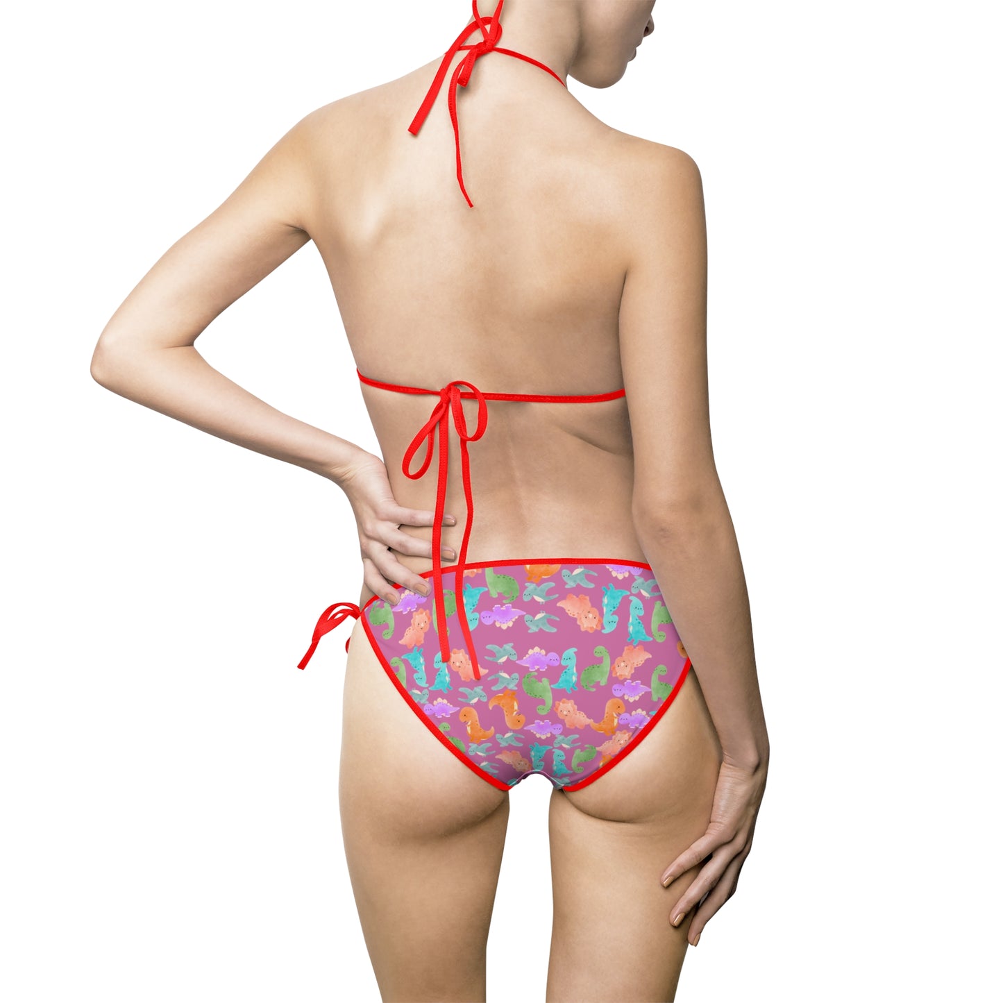 Colorful Abstract Womens Bikini Swimsuit Beachwear Pool Party Summer Vacation Swimwear Rainbow Dinos Light Pink