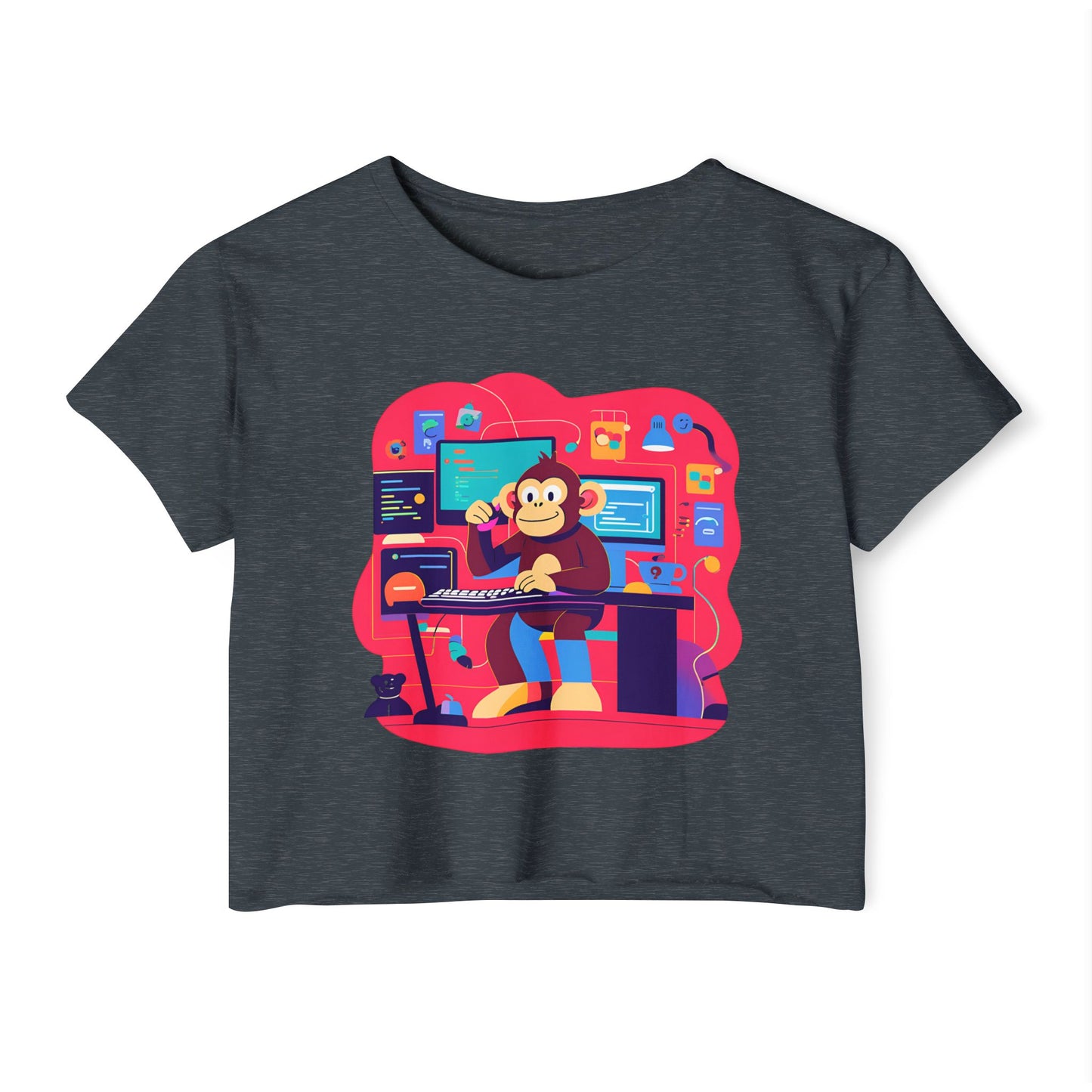 Colorful DJ Monkey Festival Crop Top, Music Festival Shirt, Summer Party Top, Gift for Festival Lovers, Playful Unique T-Shirt