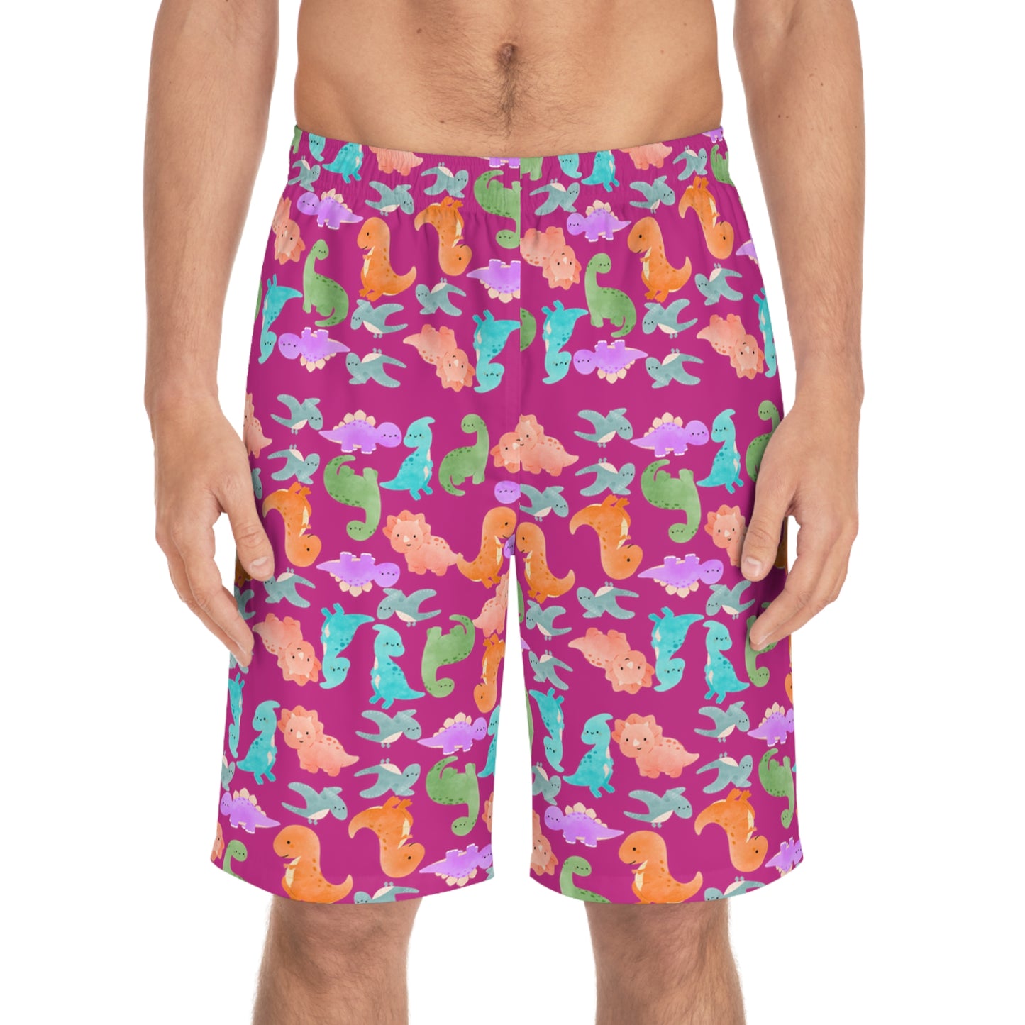 Dino Print Mens Board Shorts Summer Swimwear Beach Wear Vacation Essentials Gift for Him Rainbow Dinos Pink