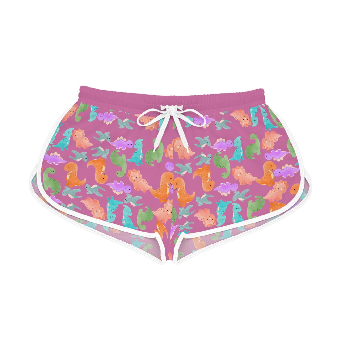 Colorful Dino Print Womens Relaxed Shorts Perfect for Summer Beachwear Loungewear Gift for Her Casual Style Rainbow Dinos Light Pink