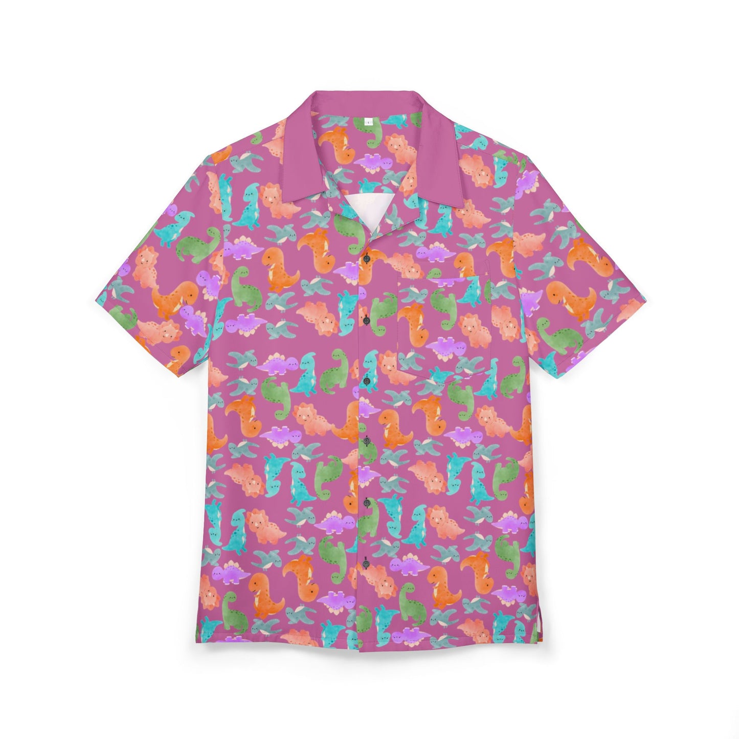 Vibrant Tropical Hawaiian Shirt for Summer Getaways Beachwear Casual Attire Vacation Luau Parties Rainbow Dinos Light Pink
