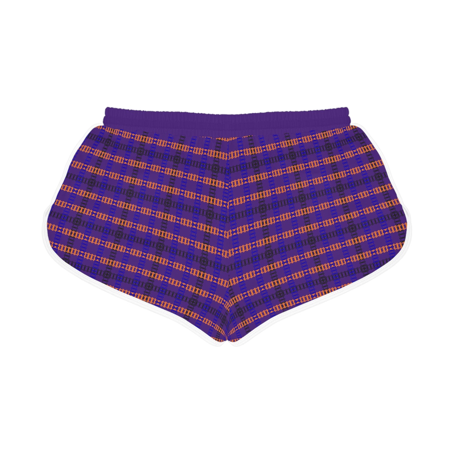 Cozy Casual Womens Shorts Perfect for Summer Days Lounging Beach or Sleepwear AOP Plaid Design Train Tracks Purple