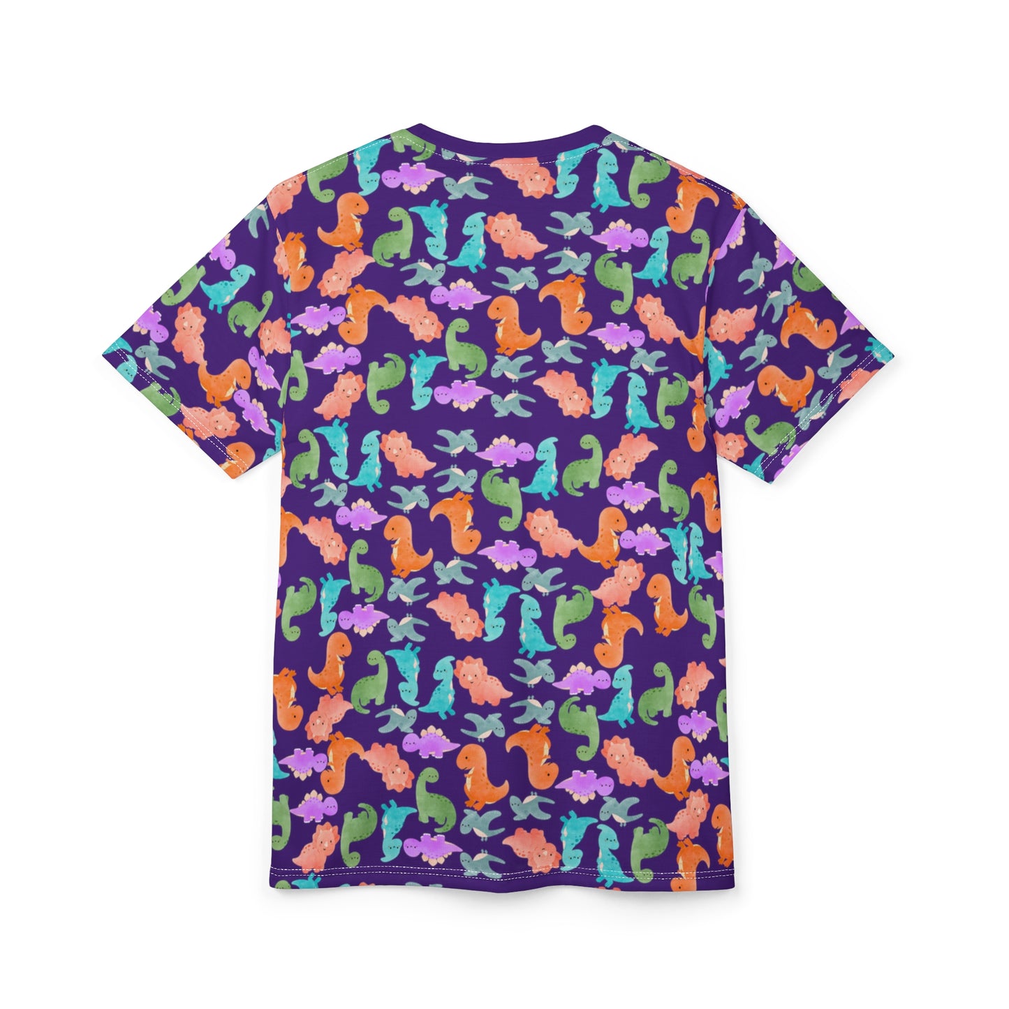 Vibrant Dino Pattern Tee for Ocean Lovers Perfect for Summer Casual Wear Gift for Beach Lovers Tropical Vibe Clothing Rainbow Dinos Purple