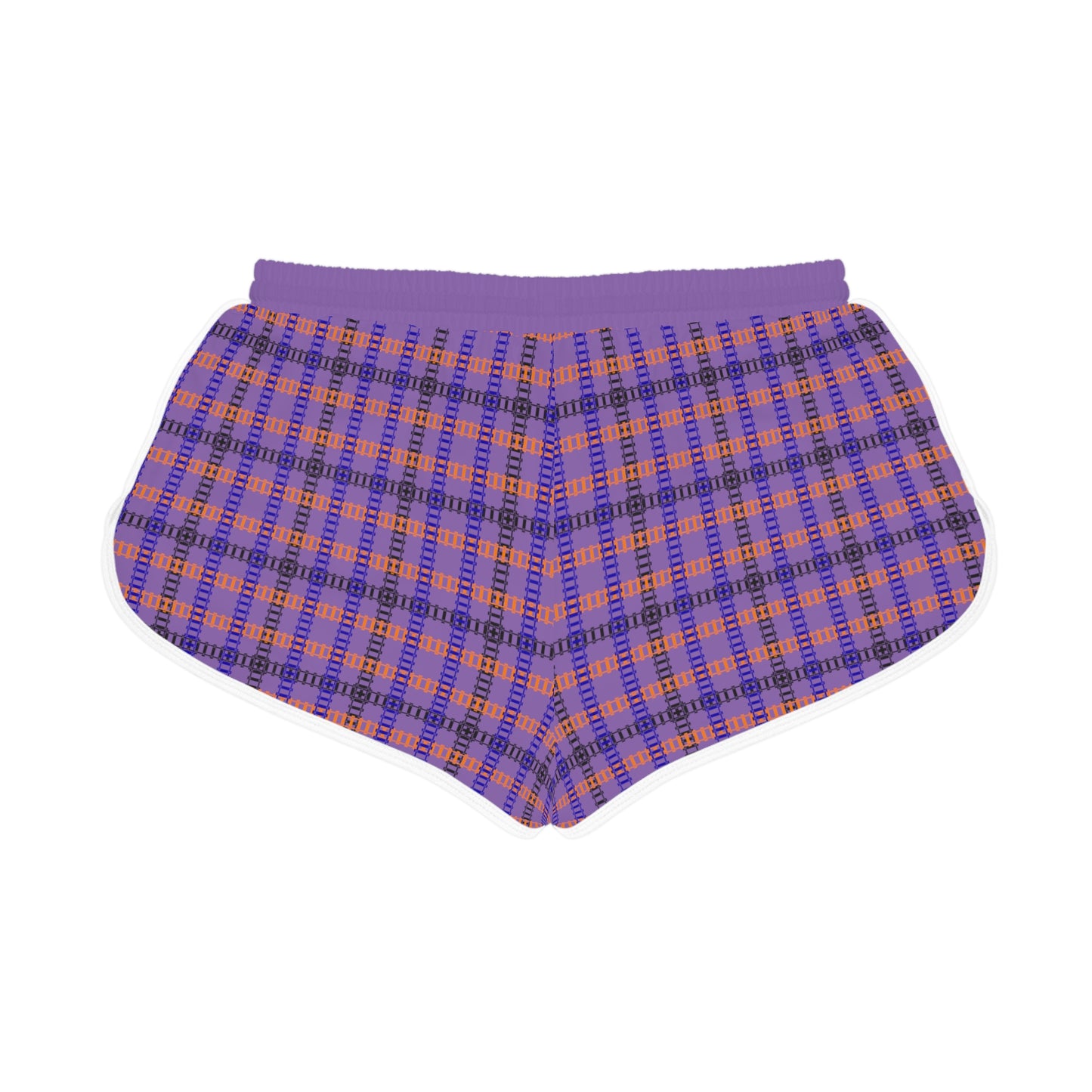 Cozy Casual Womens Shorts Perfect for Summer Days Lounging Beach or Sleepwear AOP Plaid Design Train Tracks Light Purple