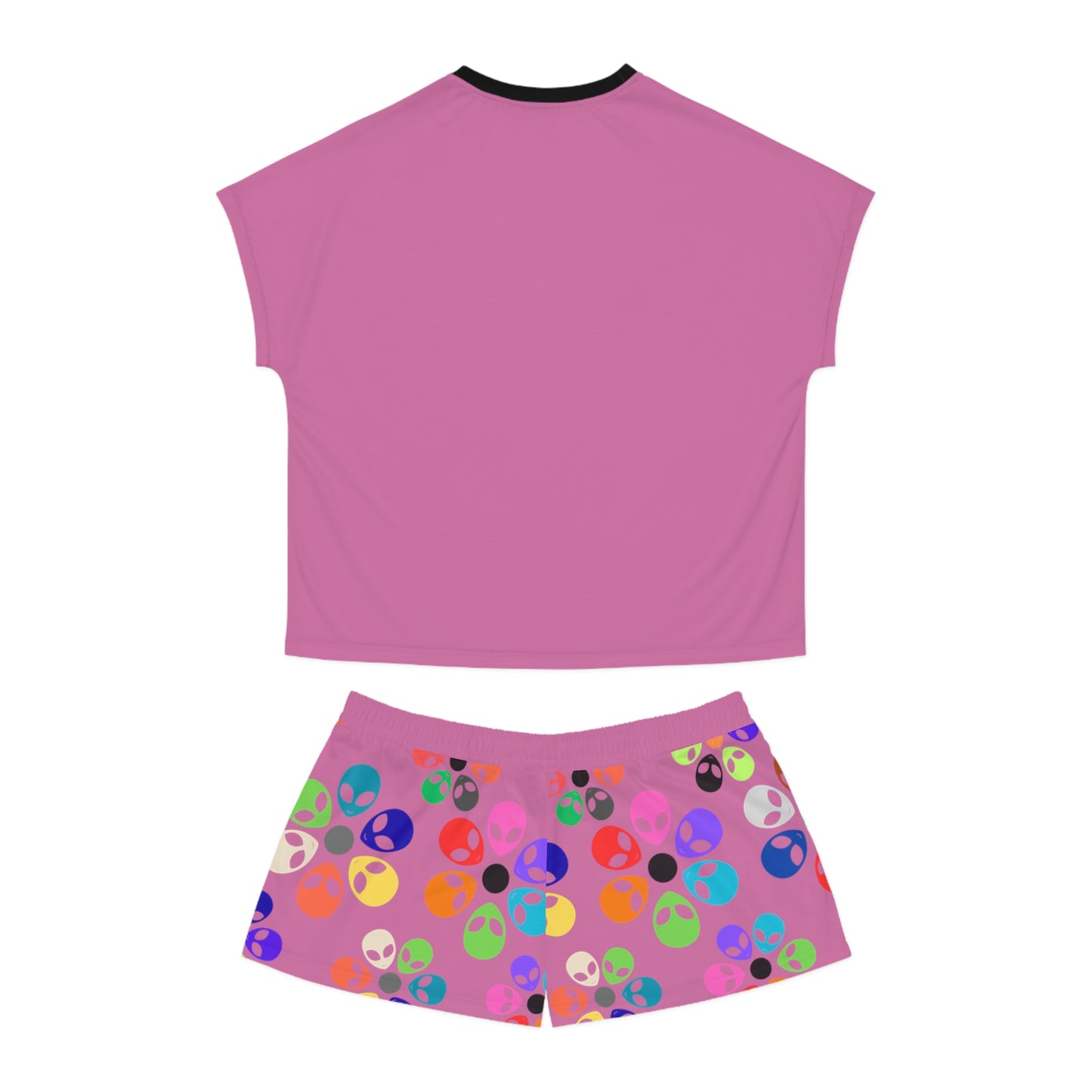 Colorful Alien Print Womens Pajama Set Fun Sleepwear for Teens Relaxing Nightwear Unique Gift for Space Lovers Cute Loungewear Alien Rainbow Flowers Light Pink