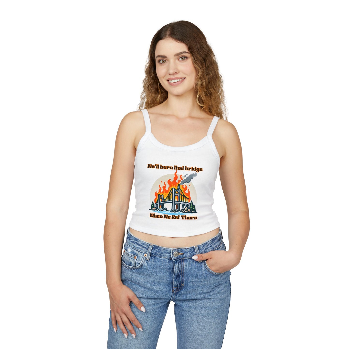 Fire Bridge Graphic Spaghetti Strap Tank Top - Casual Summer Apparel for Fun Days Out