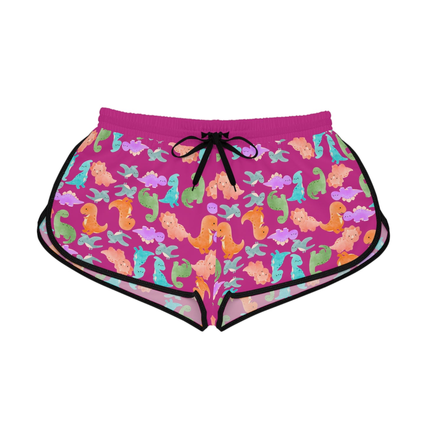 Colorful Dino Print Womens Relaxed Shorts Perfect for Summer Beachwear Loungewear Gift for Her Casual Style Rainbow Dinos Pink