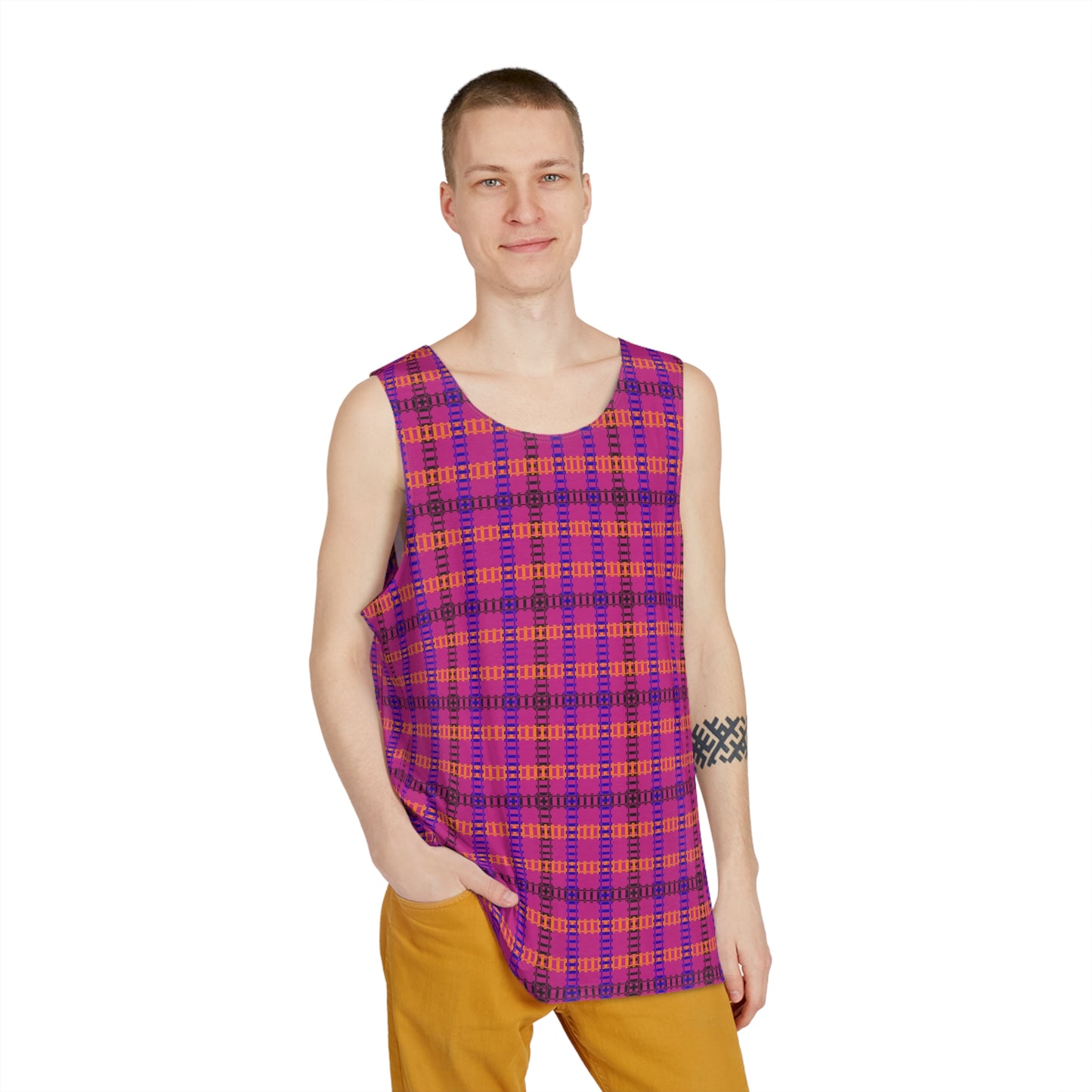 Plaid Mens Tank Top Casual Summer Wear Beach Attire Festival Outfit Comfortable Layering Piece Train Tracks Pink