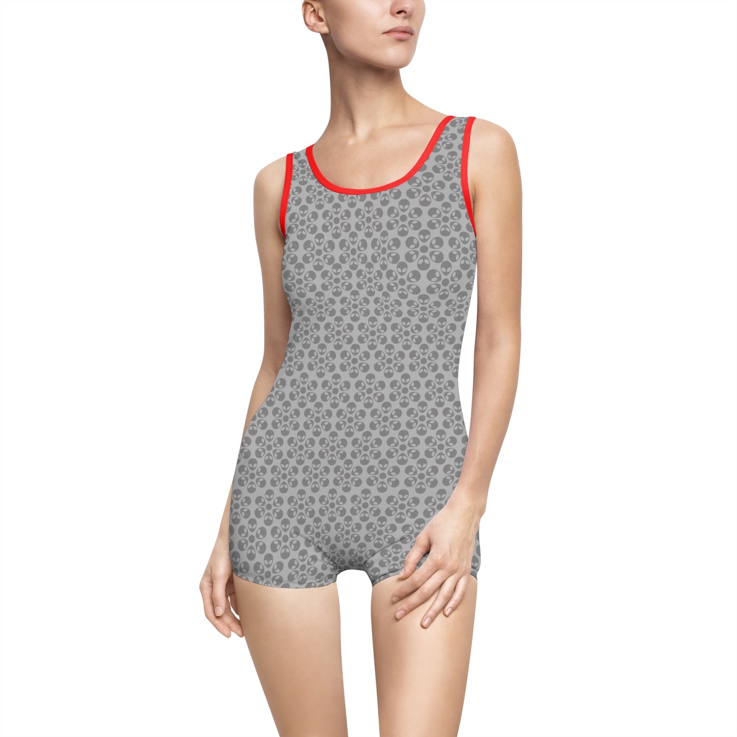 Womens Vintage Swimsuit Alien Flowers Light Grey
