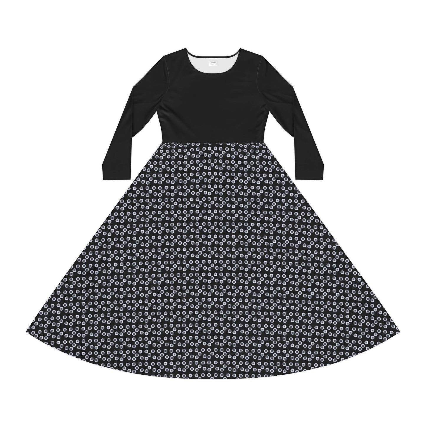Chic Women's Long Sleeve Dance Dress, Flowy AOP Style, Perfect for Parties, Dance Events, Formal Wear, Gift for Dancers - Black