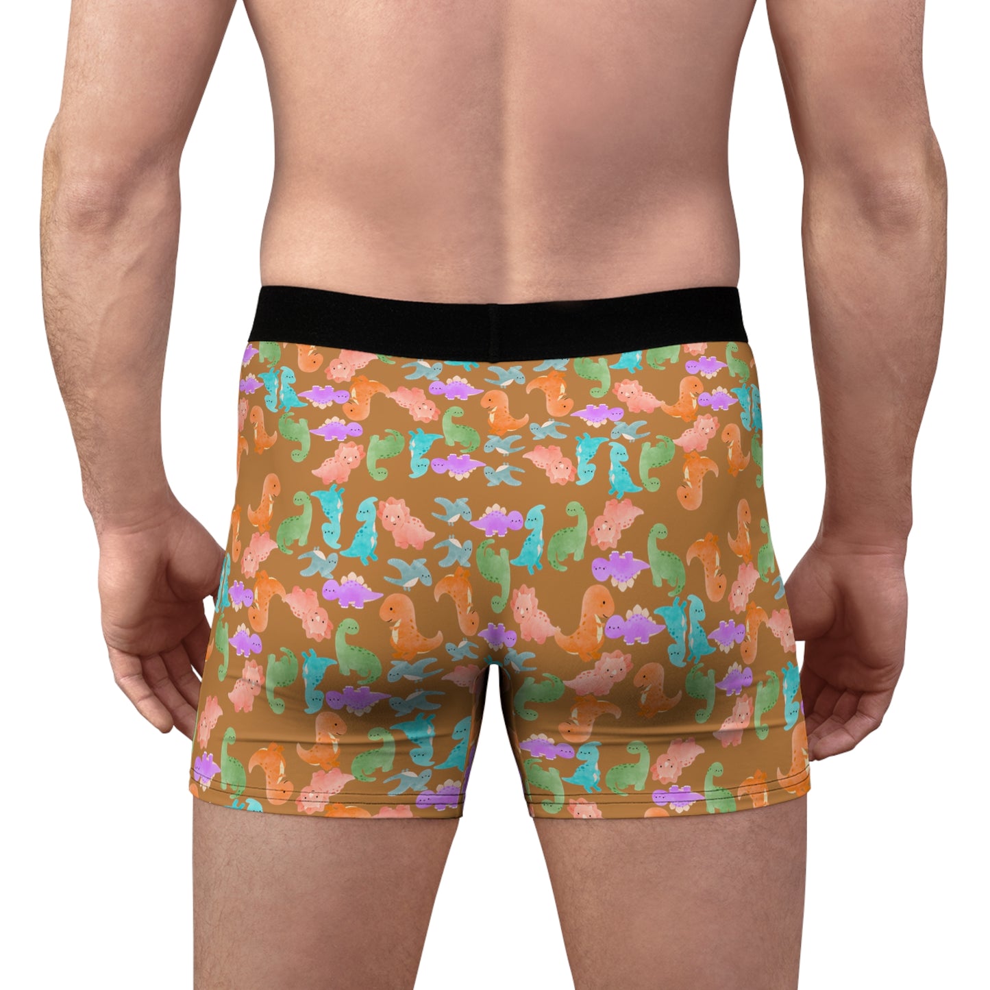 Playful Dino Print Mens Boxer Briefs Fun Underwear Colorful AOP Briefs Gift for Him Beach Vibe Loungewear Rainbow Dinos Light Brown