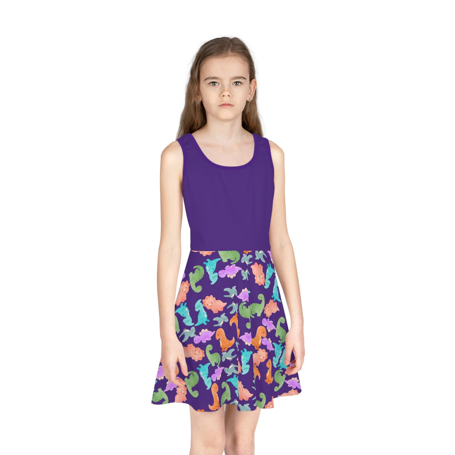 Colorful Dino Print Girls Sleeveless Sundress Summer Dress Beachwear Birthday Gift Toddler Outfit Playful Sundress Rainbow Dinos Purple