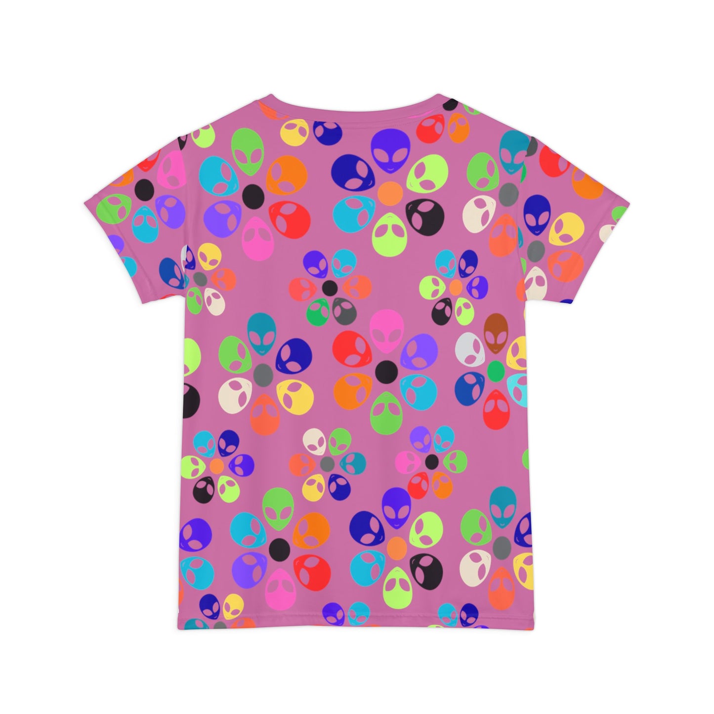 Colorful Alien Print Womens Tee Fun Graphic Shirt for Casual Wear Unique Gift for Alien Lovers Perfect for Festivals and Everyday Style Alien Rainbow Flowers Light Pink