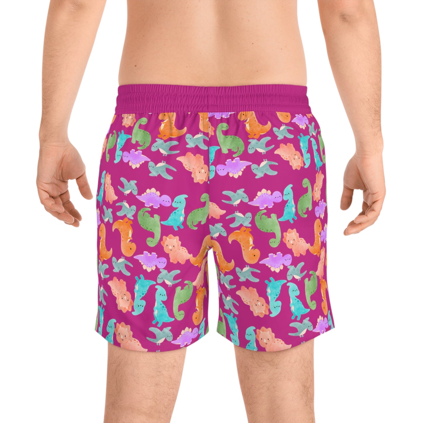 Colorful Dino Swim Shorts for Men | Beachwear Summer Fun Pool Parties Vacation Essentials Nautical Style Rainbow Dinos Pink