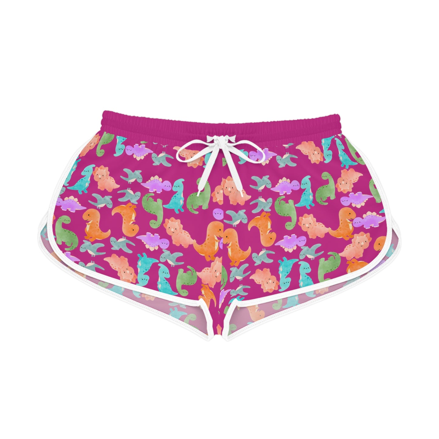 Colorful Dino Print Womens Relaxed Shorts Perfect for Summer Beachwear Loungewear Gift for Her Casual Style Rainbow Dinos Pink