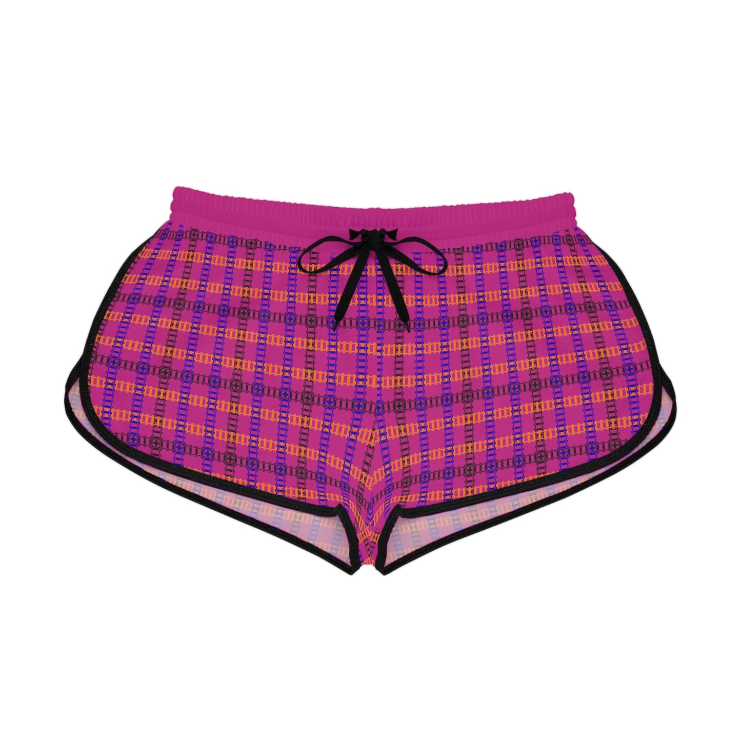 Cozy Casual Womens Shorts Perfect for Summer Days Lounging Beach or Sleepwear AOP Plaid Design Train Tracks Pink