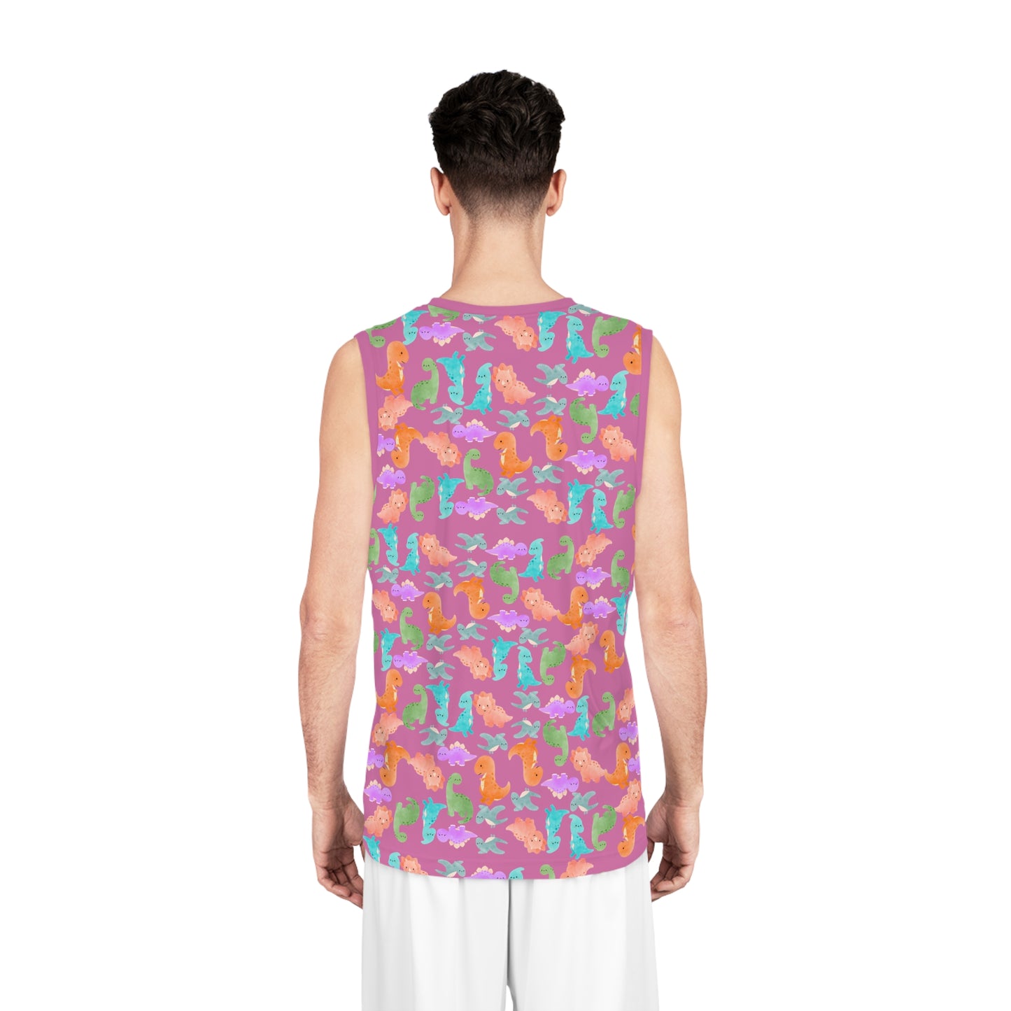 DinoInspired Basketball Jersey Vibrant Sport Tank Fun Summer Apparel Beach Style Gear Youth and Adult Sizes Unique Gift for Players Rainbow Dinos Light Pink