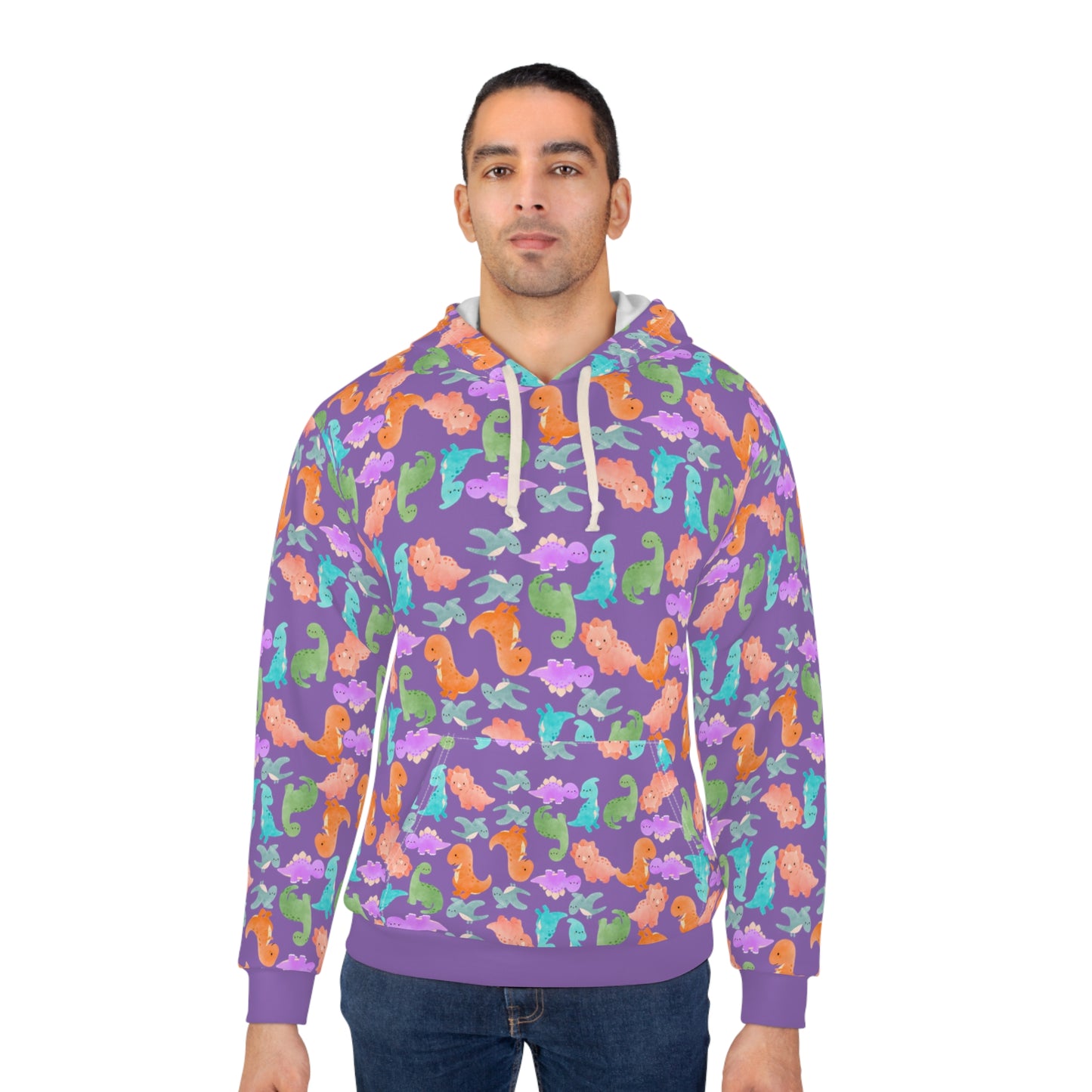 Colorful Dino Unisex Pullover Hoodie Cozy Beach Vibe Sweatshirt Gift for Ocean Lovers Fun Casual Wear Homewear Rainbow Dinos Light Purple