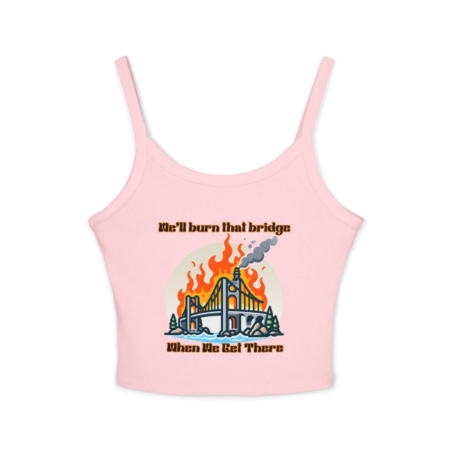 Fire Bridge Graphic Spaghetti Strap Tank Top - Casual Summer Apparel for Fun Days Out