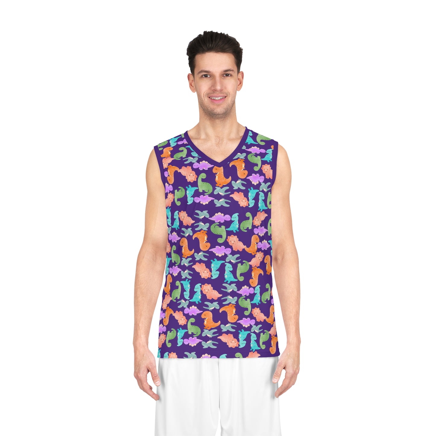 DinoInspired Basketball Jersey Vibrant Sport Tank Fun Summer Apparel Beach Style Gear Youth and Adult Sizes Unique Gift for Players Rainbow Dinos Purple
