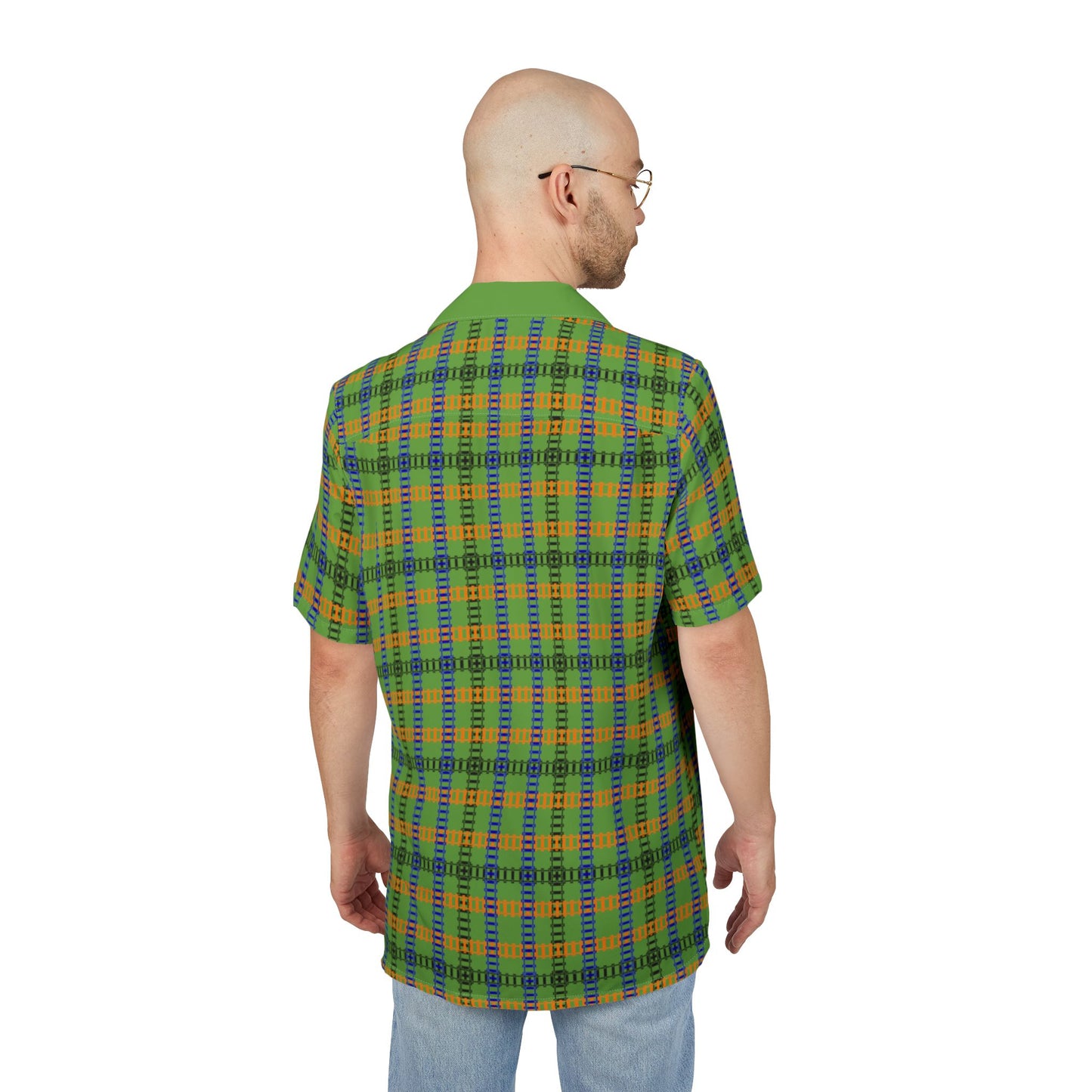 Vibrant Unisex Hawaiian Shirt Casual Summer Wear Vacation Outfit Beach Party Attire Gift for Him/Her Train Tracks Green