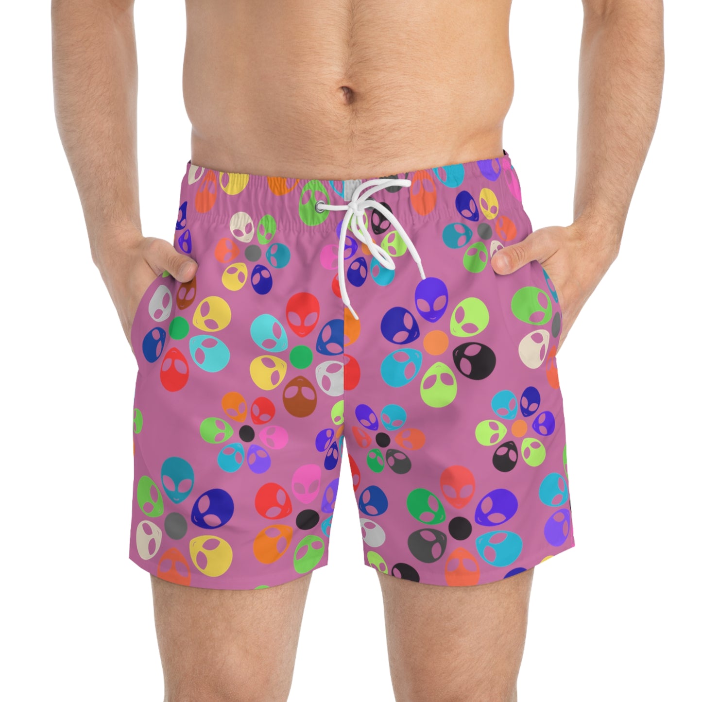 Colorful Alien Print Swim Trunks Fun Summer Beach Shorts Kids Swimwear Vacation Essentials Pool Party Attire Unique Summer Gift Alien Rainbow Flowers Light Pink