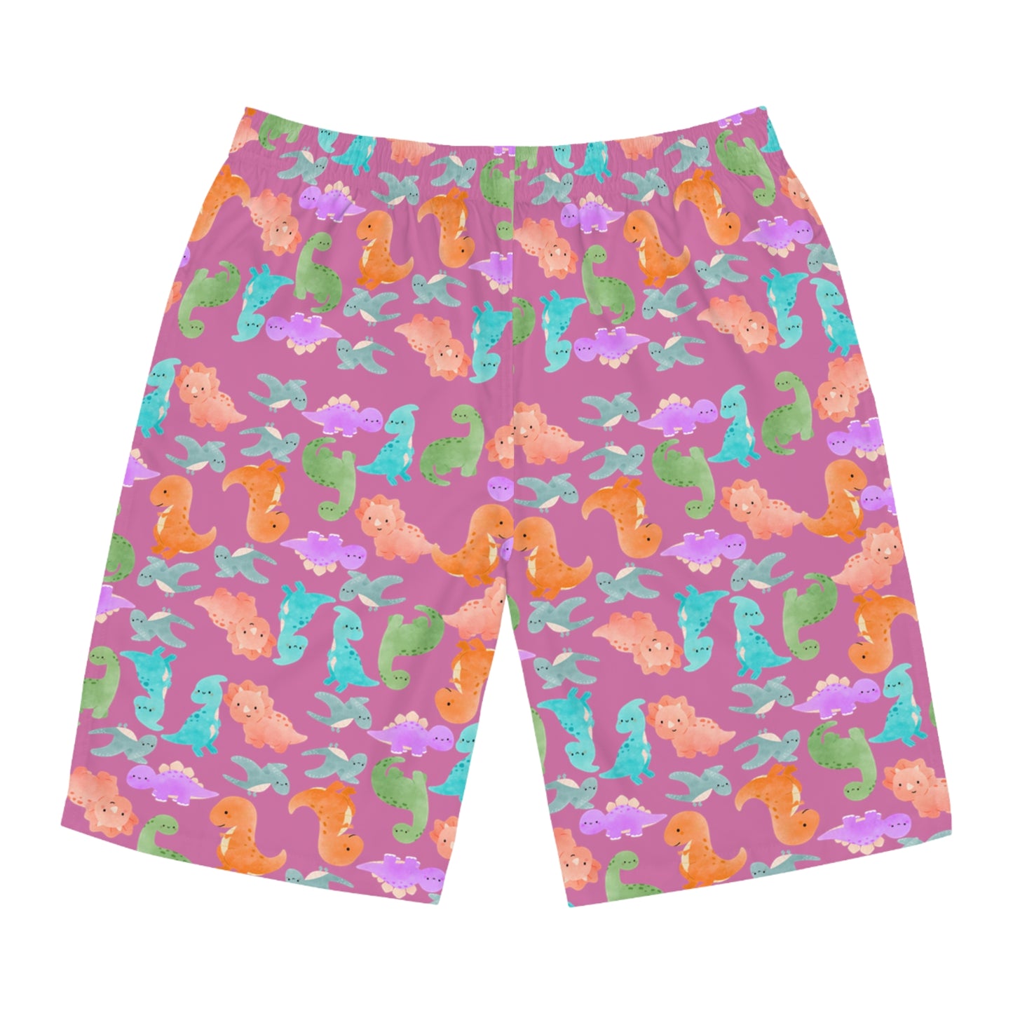 Dino Print Mens Board Shorts Summer Swimwear Beach Wear Vacation Essentials Gift for Him Rainbow Dinos Light Pink