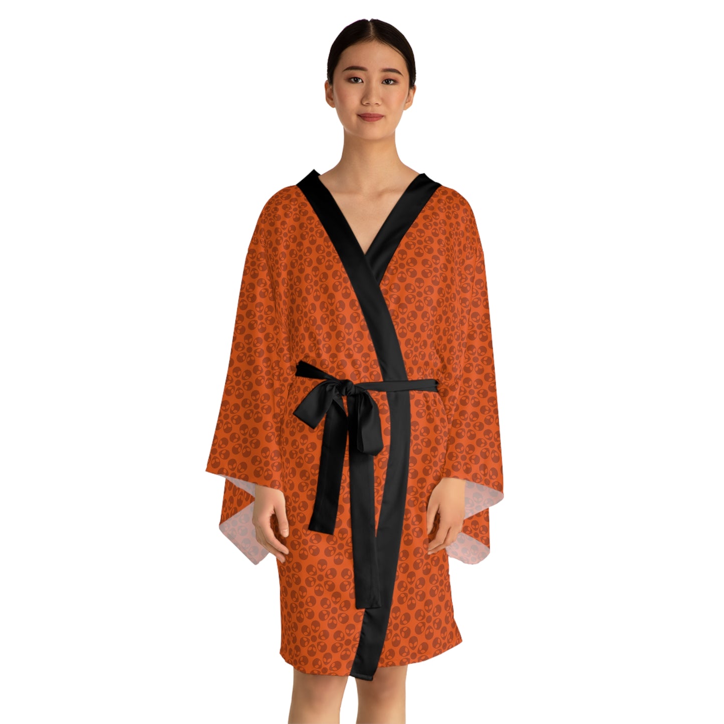 Chic Floral Long Sleeve Kimono Robe Bohemian Loungewear Relaxation Gift Spa Day Essential Cozy Home Attire Trendy Style Alien Flowers Orange